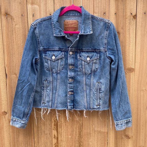 Lucky Brand Tomboy Trucker Jean Jacket Medium Hand Painted Bird Crane Flowers - Picture 3 of 15